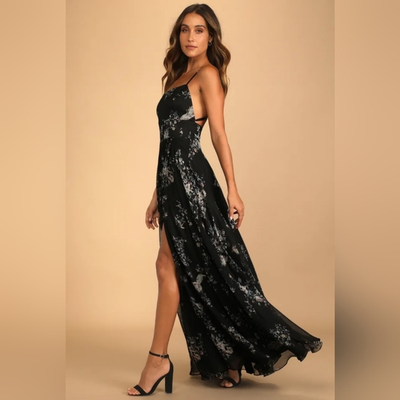Lulu's Mood of the Night Black Floral Print Maxi Dress Size Medium - Picture 4 of 10